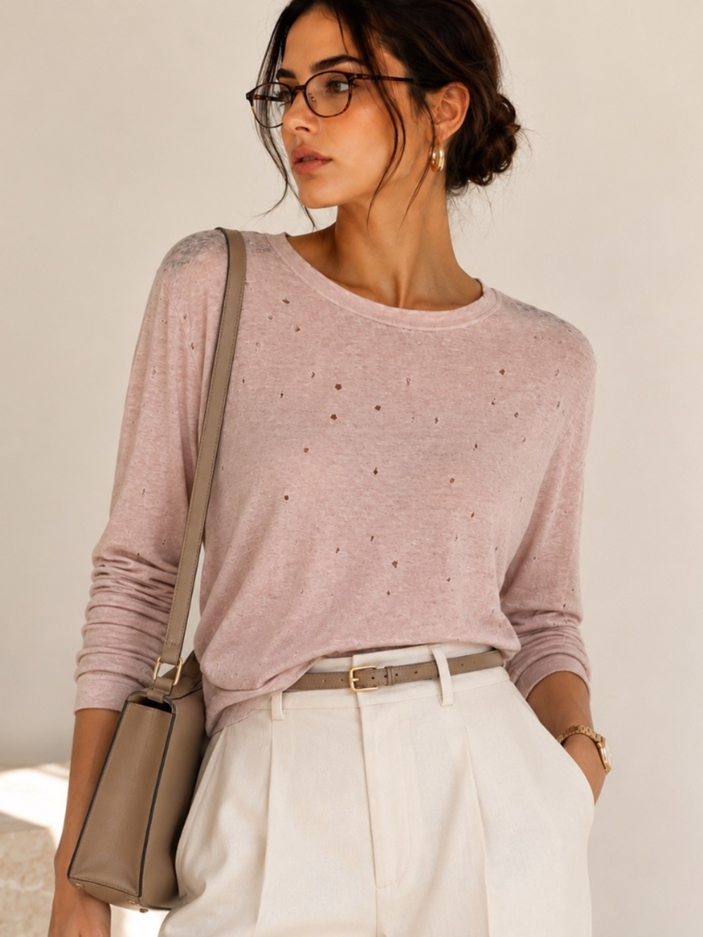 IRO Marvina Dusty Rose Distressed Linen Long Sleeve T-Shirt Sz S Quiet Luxury
